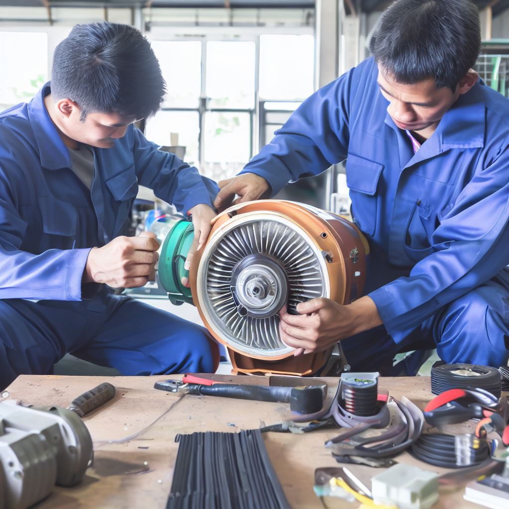 Skilled technician performing precise motor rewinding with specialized equipment.