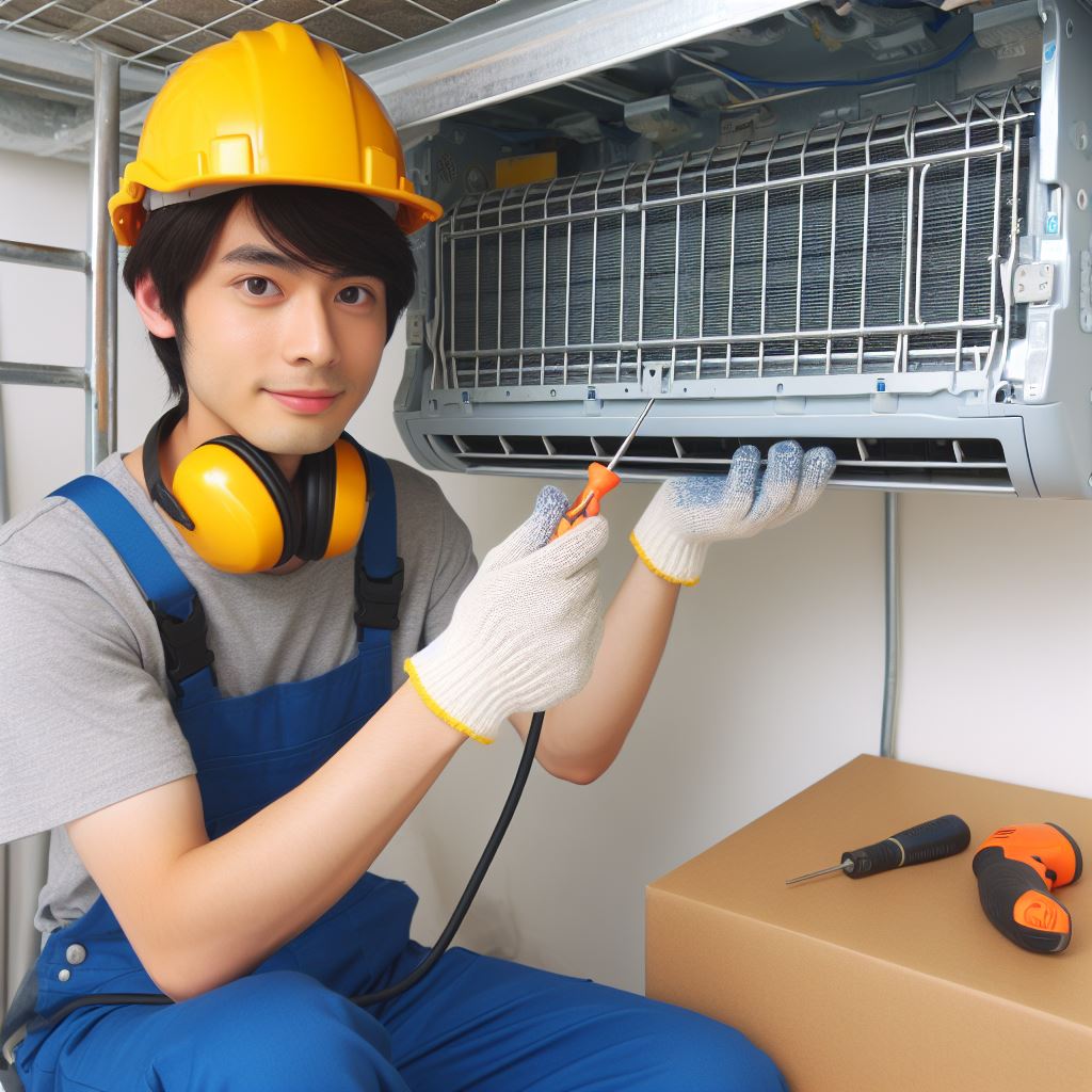 Image of a technician fixing an air conditioning unit, representing Smart Technical Services' expert AC repair solutions available near you in jeddah
