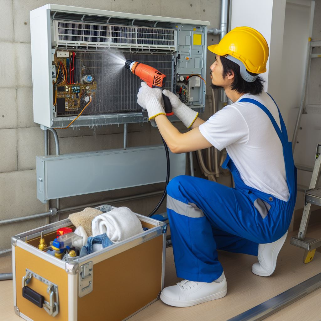 A certified technician from Smart Technical Services performs a thorough HVAC cleaning in a Jeddah home.