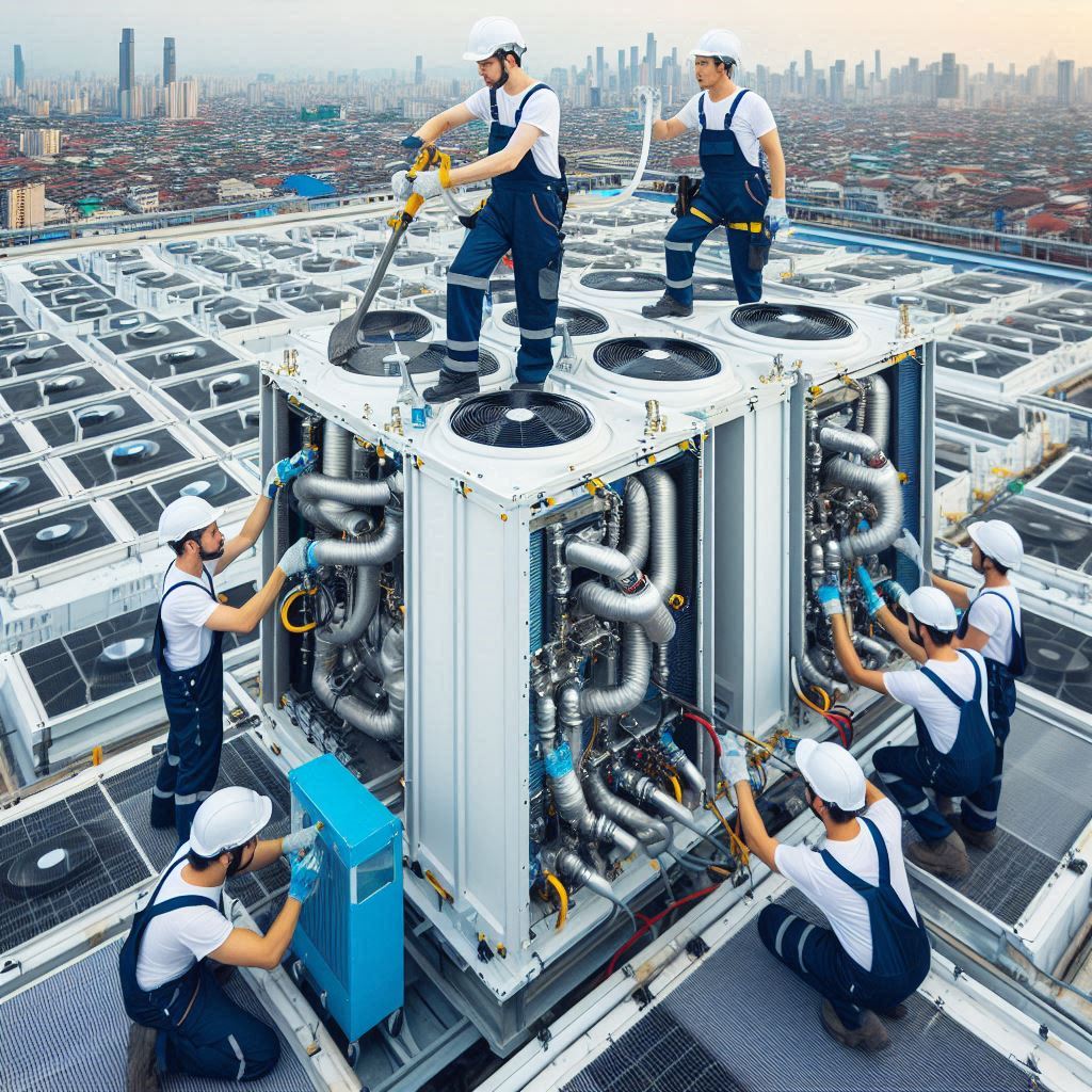 Image shows a modern adiabatic air cooled chiller installed on the rooftop of an industrial building. The chiller is sleek and compact, featuring state-of-the-art cooling technology designed to enhance energy efficiency. In the background, the city skyline is visible under a clear blue sky, highlighting the chiller's capability to operate effectively even in hot climates. The image represents the advanced and eco-friendly solutions provided by Smart Technical Services.