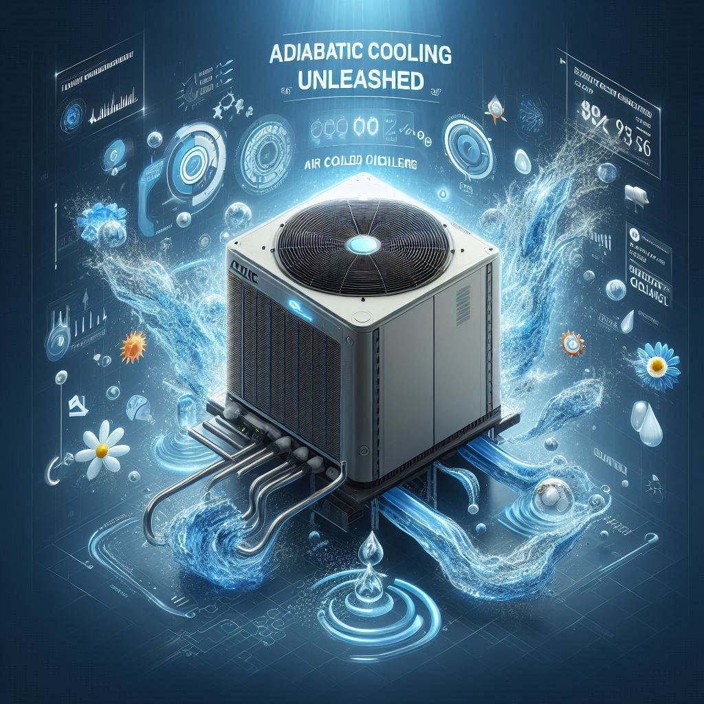 An air cooled chiller unit surrounded by swirling water droplets and cool air currents, symbolizing the efficiency of adiabatic cooling. Text overlays highlight phrases like 'Efficiency Unleashed' and 'Adiabatic Cooling Revolution,' emphasizing innovation and sustainability.