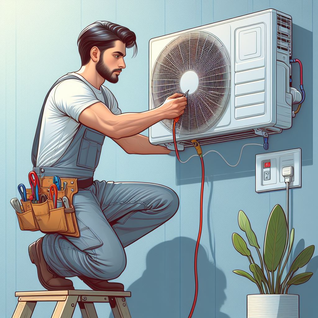 An image depicting Smart Technical Services' aircon technicians in action, inspecting and repairing air conditioning units. The technicians are wearing uniforms and using specialized tools to diagnose and fix issues with the AC systems. The scene is set in a residential or commercial environment, showcasing the professionalism and expertise of the technicians in providing reliable aircon services.
