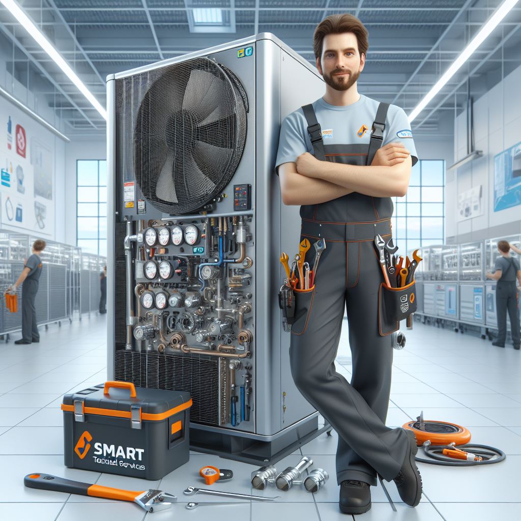 A professional chiller AC technician from Smart Technical Services works on a large chiller unit in a modern commercial setting in Jeddah. The technician, wearing a uniform with the company logo, uses specialized tools such as wrenches and gauges. The background features a clean, well-organized industrial facility with visible HVAC systems and ducts, emphasizing advanced technology and expertise.