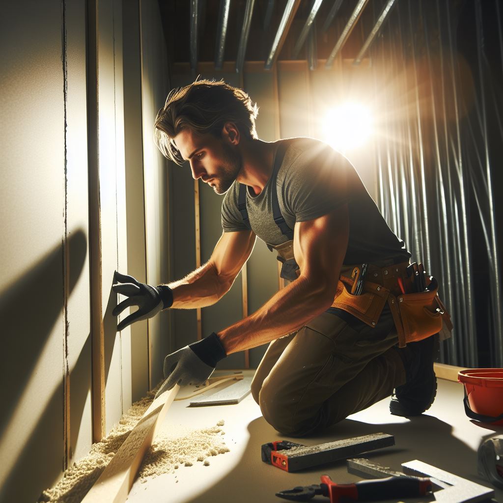 An image depicting a professional drywall installer meticulously working on a wall installation, showcasing precision and expertise in the process. The installer's focused demeanor and attention to detail convey professionalism and quality craftsmanship. The image captures the transformation of the space, emphasizing the impact of skilled workmanship on the final result.