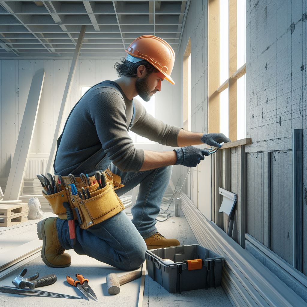 A skilled drywall worker wearing safety gear and using professional tools to install or repair drywall. They are depicted in a residential or commercial setting, surrounded by unfinished walls, drywall sheets, and construction materials. The worker's precise movements and attention to detail are evident, highlighting their expertise and dedication to the task.