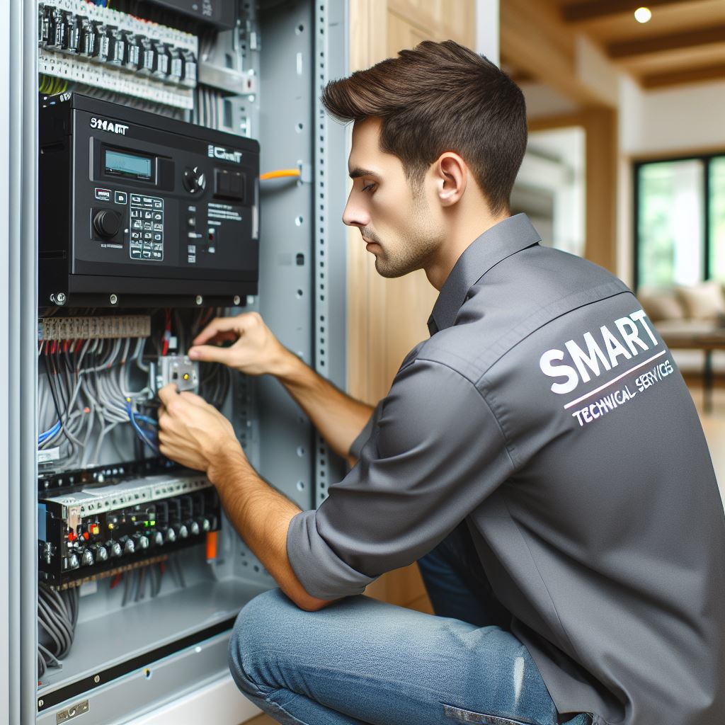 Electrician from Smart Technical Services installing an electrical transfer switch, wearing protective gear and using professional tools. The image showcases the technician's attention to detail and the high-quality equipment used in the installation process.