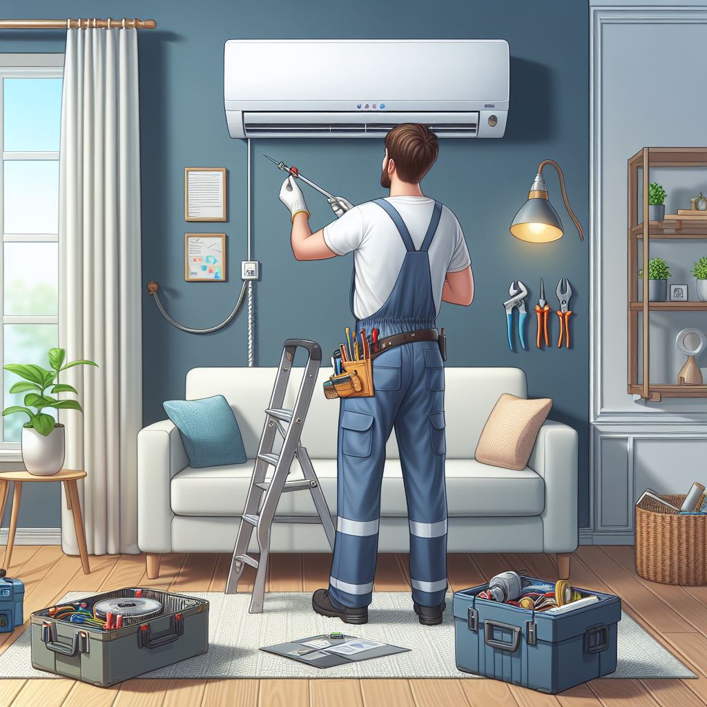 A professional technician from Smart Technical Services repairing an air conditioner in a modern living room. The technician is wearing a uniform  using specialized tools to fix the wall-mounted AC unit. The setting is clean and organized, showcasing the expertise and dedication of the technician in ensuring the air conditioner is restored to optimal functionality.