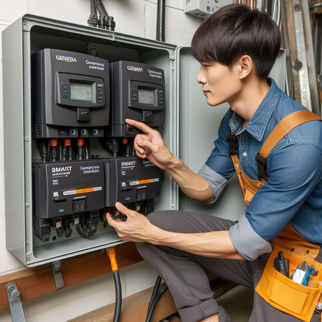 Technicians from Smart Technical Services installing a Generac transfer switch. The image shows the technicians wearing uniforms and safety gear as they work on the electrical panel, connecting wiring, and installing the transfer switch. The scene highlights their professionalism and expertise in providing reliable backup power solutions in a residential or commercial setting.