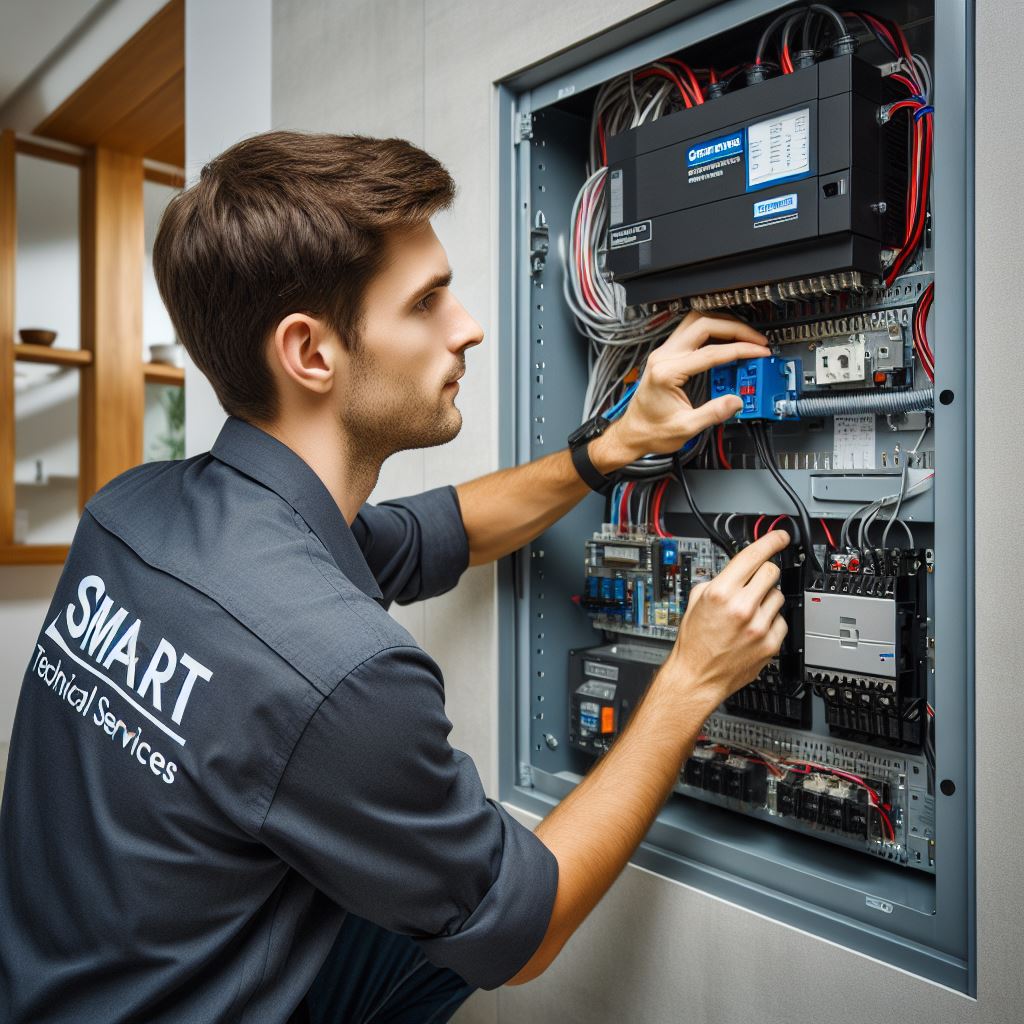 Technician from Smart Technical Services installing a generator transfer switch in a modern home, showcasing professional and reliable service with the technician wearing branded uniform and working on the electrical panel.
