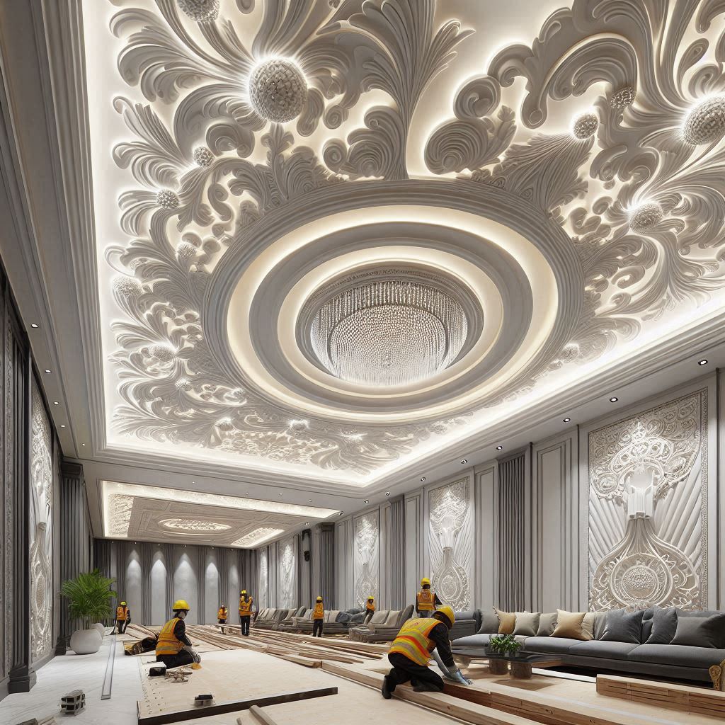 An image showcasing the intricate craftsmanship and versatility of our gypsum work services. From decorative ceilings to stylish partitions, the meticulous attention to detail and seamless finishes elevate interior spaces to new heights of sophistication and elegance.