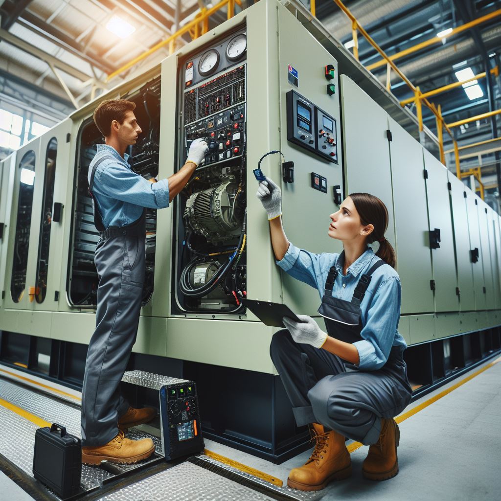 Technician performing industrial generator maintenance in a well-organized industrial setting, using tools and safety equipment to ensure optimal generator performance in jeddah