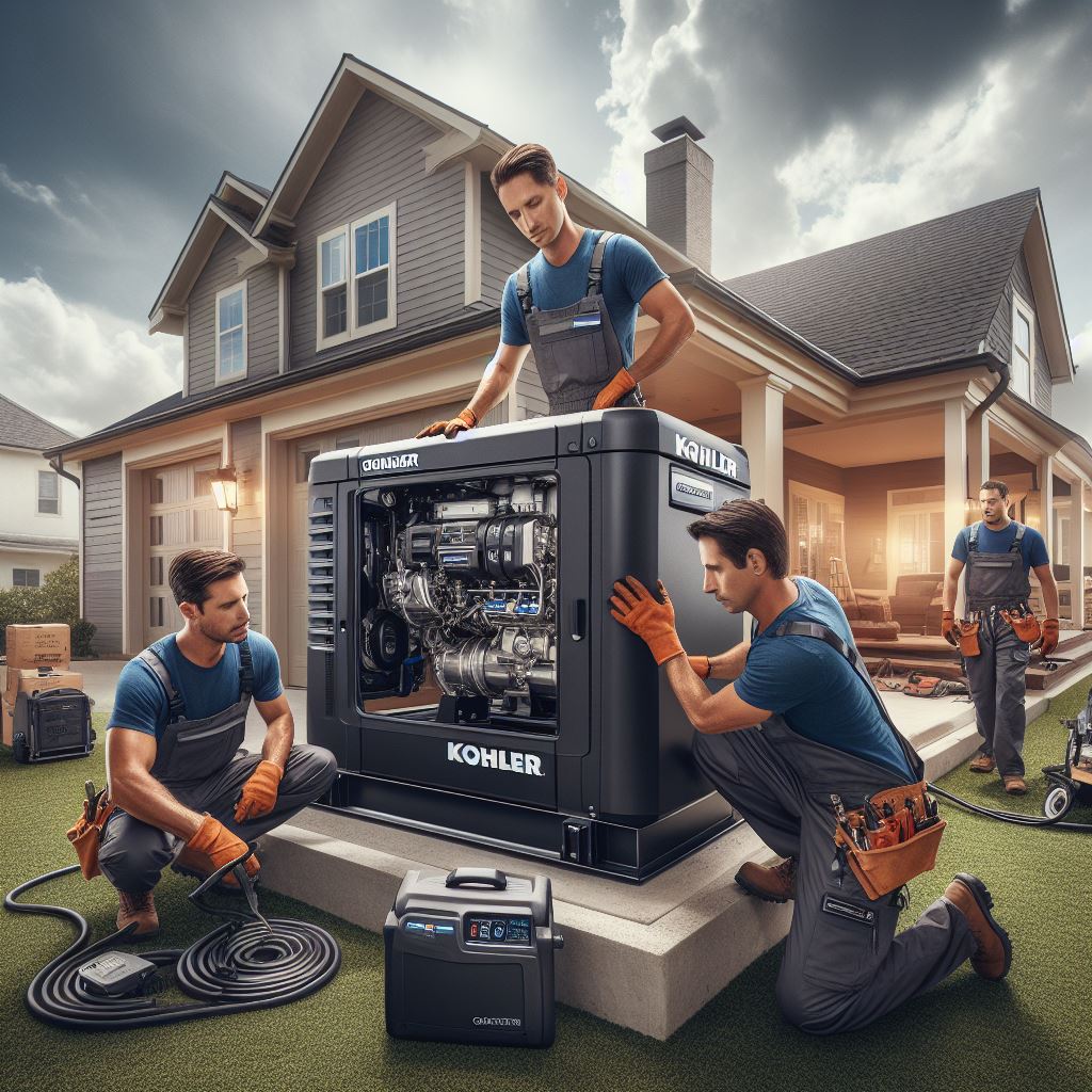 Professional team of Kohler generator installers near me working efficiently in a well-maintained backyard, installing a Kohler generator with the house in the background, showcasing reliability and quality service.