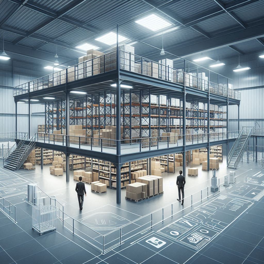 An image showing a warehouse interior with a mezzanine floor. The elevated platform provides additional space for storage or office use, while shelves filled with goods line the walls below. Safety railings and adequate lighting ensure a safe and efficient working environment.
