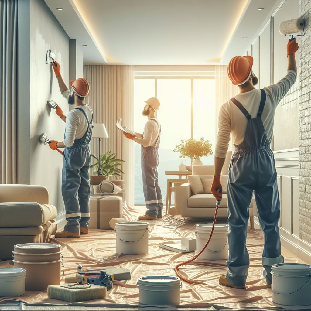 Professional painting contractors from Smart Technical Services working on the interior walls of a modern home. The painters are wearing uniforms and protective gear, using high-quality tools and materials. The image shows the precision and attention to detail in their work, with furniture and flooring protected by drop cloths to ensure a neat and professional job.
