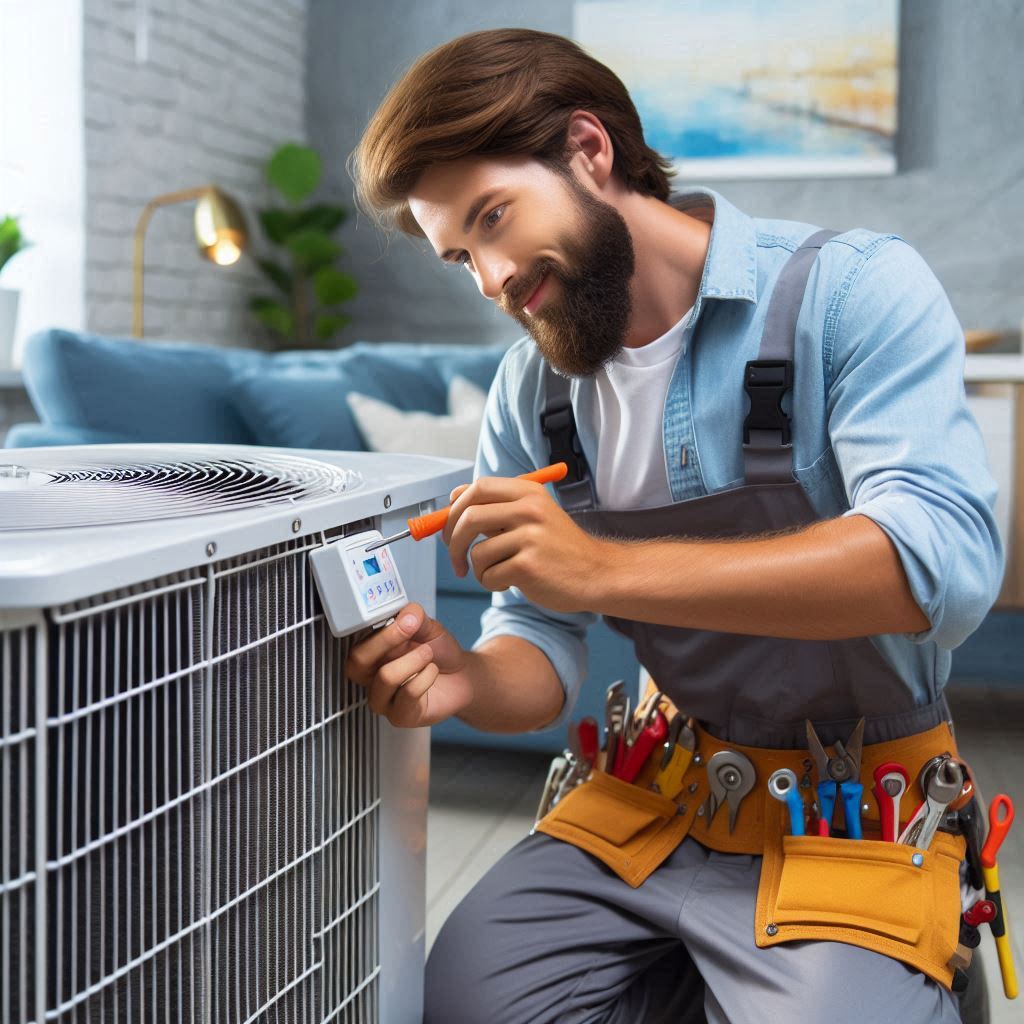 An air conditioning technician from Smart Technical Services working on a residential AC unit, ensuring optimal performance and energy efficiency. The technician is wearing a uniform and using professional tools to conduct maintenance.