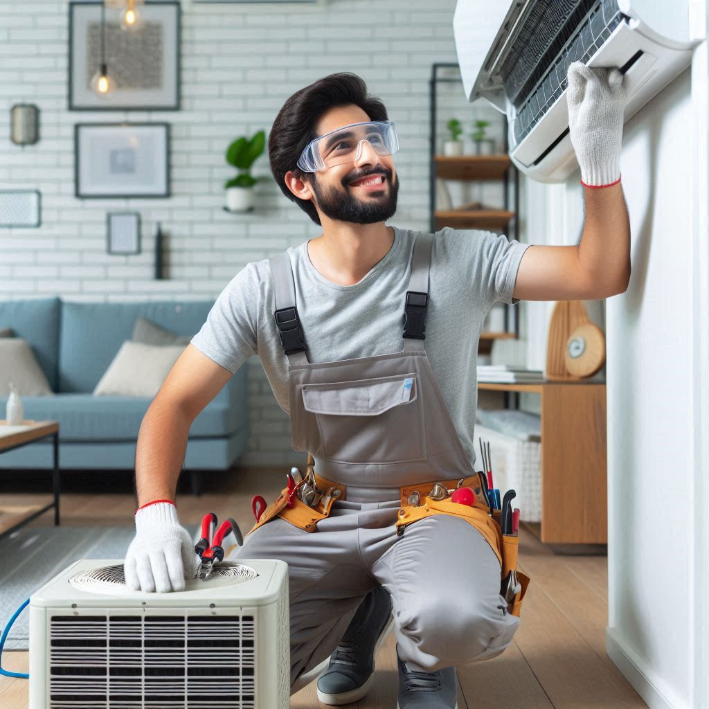 Professional technician performing AC maintenance on a home in jeddah. Air conditioning unit, highlighting 'AC Maintenance Near Me' for reliable and efficient service in jeddah, saudi arabia