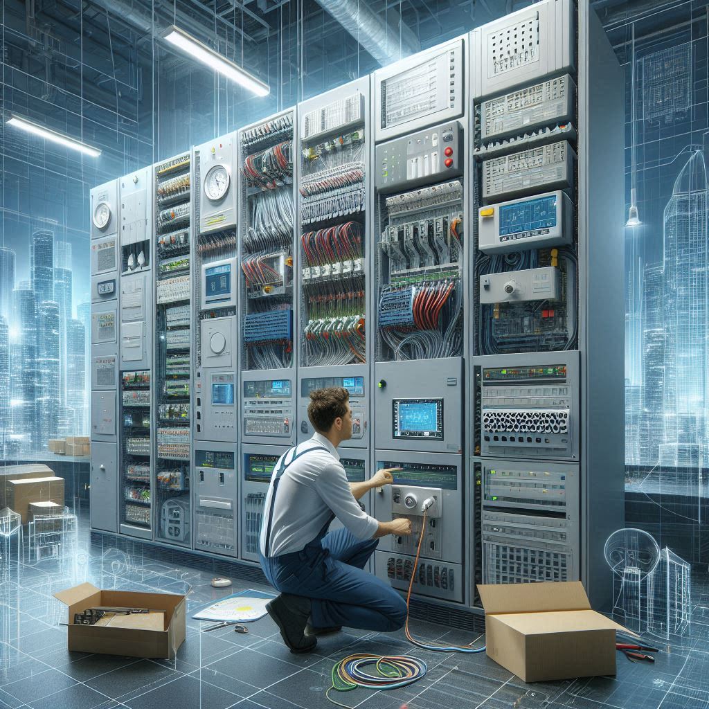 Technician installing and configuring a Building Management System (BMS) in a modern commercial building, surrounded by advanced electrical equipment and control panels, highlighting expertise and high-tech solutions in building management in Jeddah