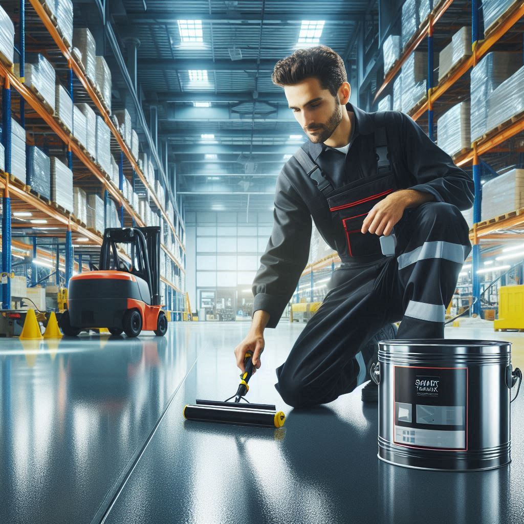 Commercial epoxy flooring service in progress by Smart Technical Services. A skilled technician is applying a glossy, seamless epoxy coating to a large warehouse floor in jeddah, surrounded by industrial equipment and organized shelves. The durable and attractive finish enhances the functionality and appearance of the space.