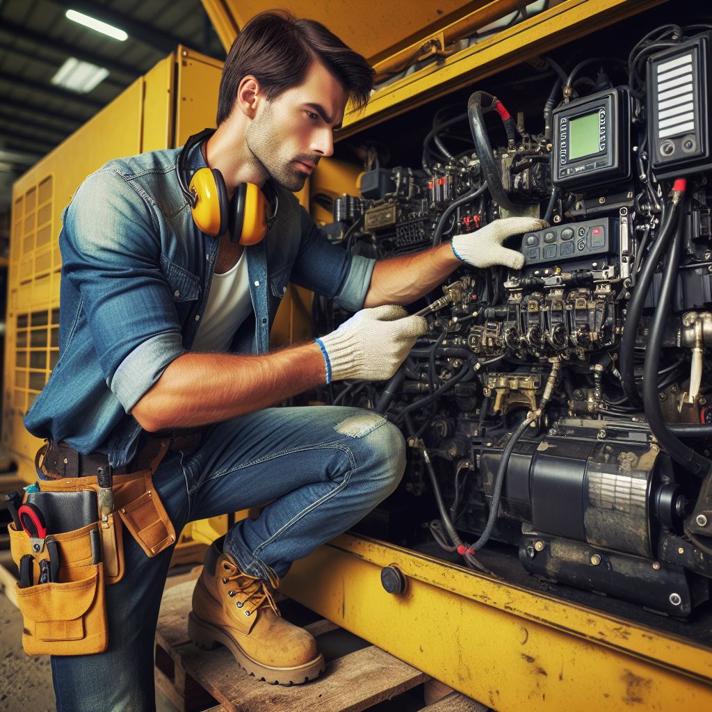 Technician performing routine generator maintenance, inspecting and cleaning the generator's components to ensure optimal performance and reliability in jeddah