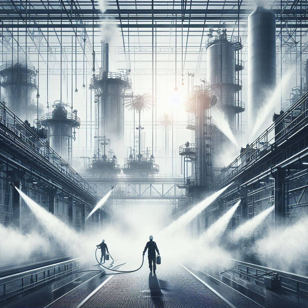 An illustration of industrial misting systems in use at a large facility. The image depicts fine mist being emitted to cool the air in a manufacturing plant or warehouse setting on a hot day. Workers and machinery are visible, indicating improved comfort and productivity due to the misting system.