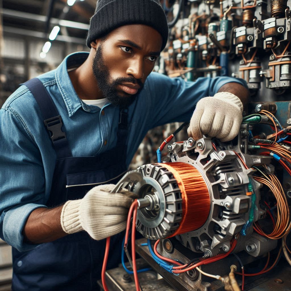 Expert technician carefully rewinding generator coils with precision and expertise. Smart Technical Services ensures reliable generator maintenance.