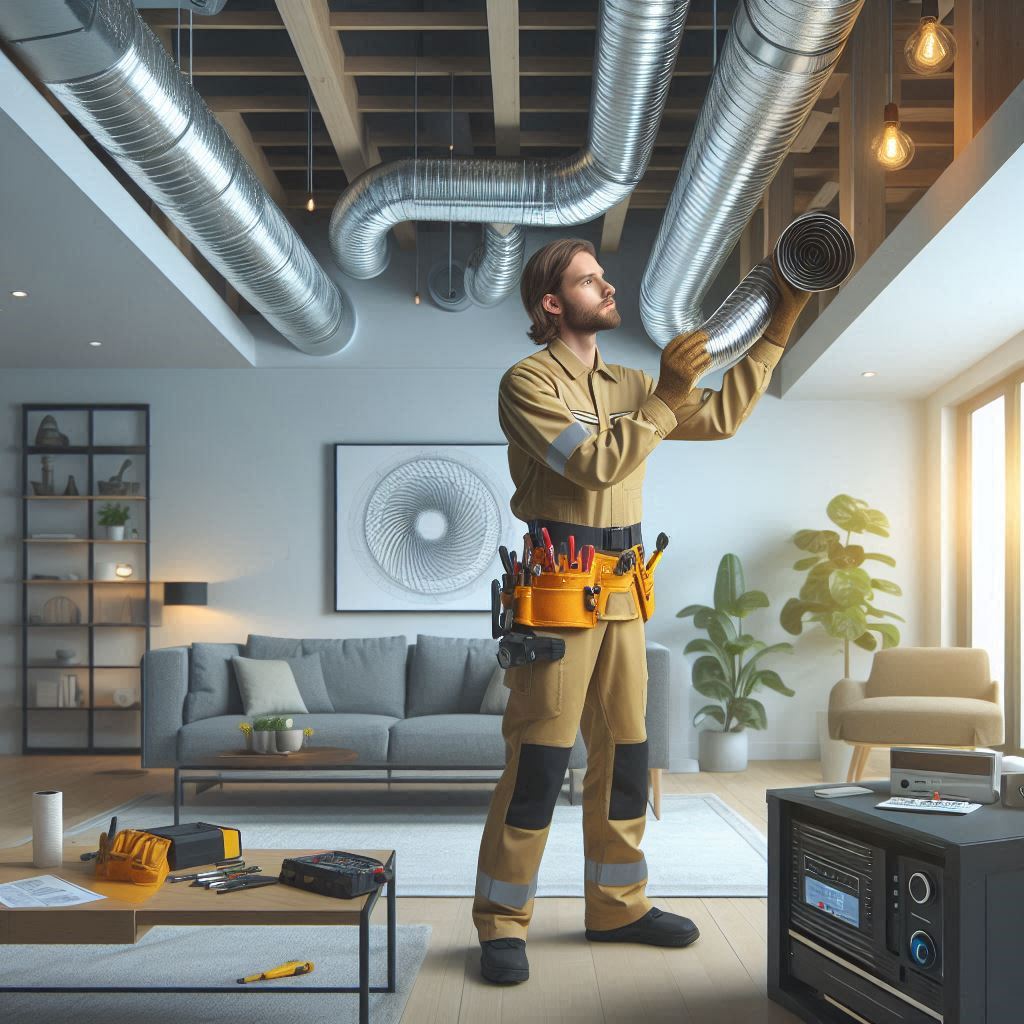 Visualize a meticulous AC duct installation service: a proficient technician in uniform fitting ductwork seamlessly into a contemporary home environment. Highlight precision tools, seamless integration with the home's architecture, and ensure 'Smart Technical Services' branding is subtly integrated.