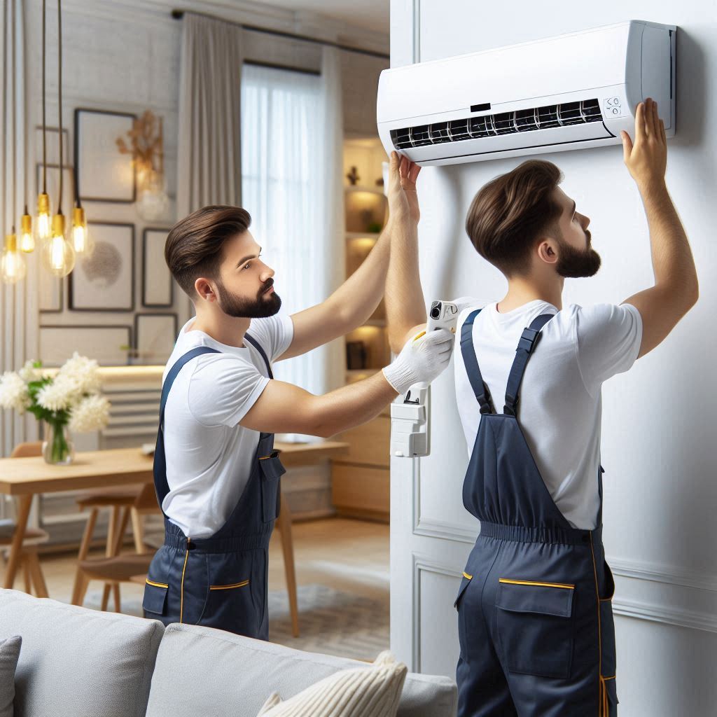 Expert AC installation technician near me setting up a new air conditioning unit in a residential home for Smart Technical Services.