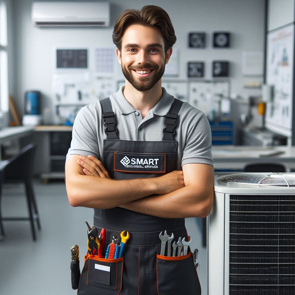 Professional AC mechanic from Smart Technical Services working on an air conditioning unit in a modern workshop. The mechanic is wearing a branded uniform and is surrounded by various tools and equipment. The background features a company banner and certificates, emphasizing expertise and reliability. The bright and welcoming color scheme conveys trust and quality service.