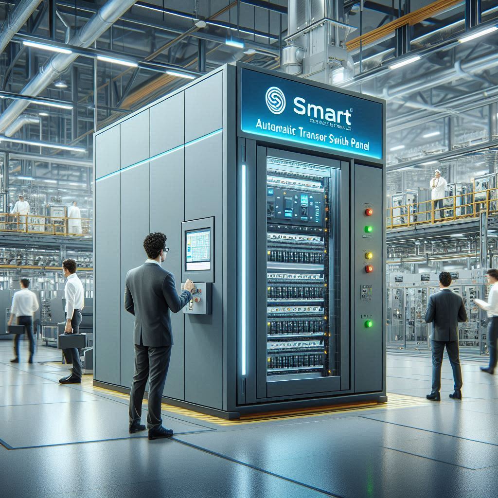 Technicians in a modern industrial facility operate Smart Technical Services' Automatic Transfer Switch Panel (ATS panel). 