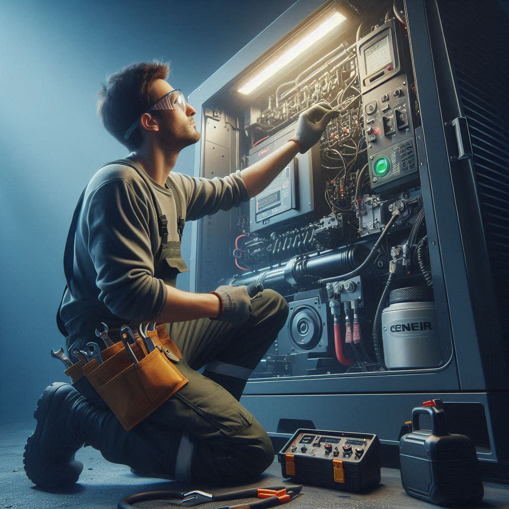 A technician from Smart Technical Services performing routine maintenance on a commercial backup generator, ensuring it operates efficiently during power outages.