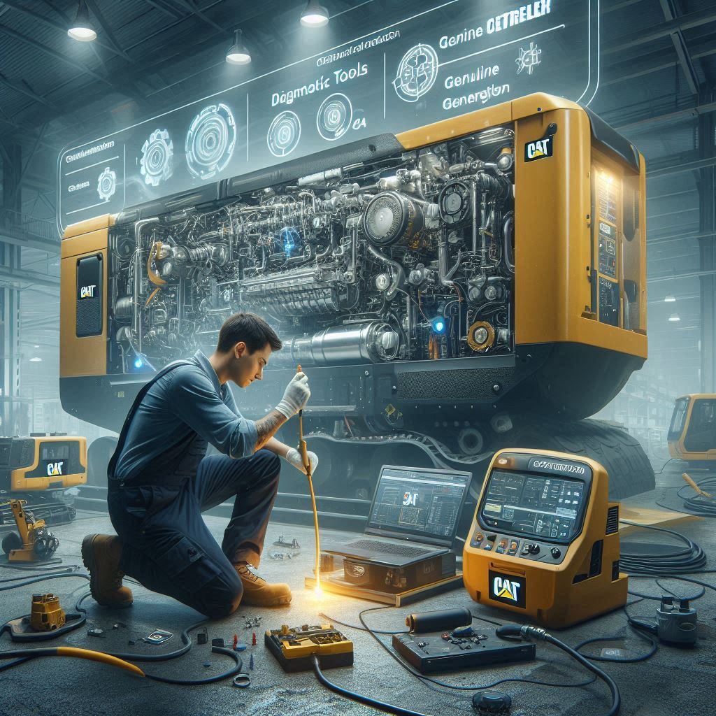 A professional technician from Smart Technical Services repairs a large Caterpillar (CAT) generator in an industrial setting. The technician uses advanced diagnostic tools and genuine CAT parts, showcasing expertise and precision. The scene emphasizes the high-quality repair process, with the technician focused on the task. The image includes branding elements like the Smart Technical Services logo and company colors.