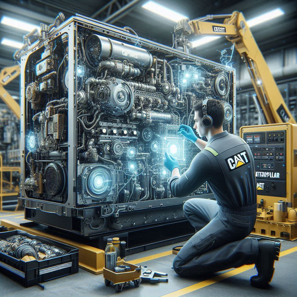 Technician from Smart Technical Services performing detailed maintenance on a Caterpillar generator. The technician is focused and using high-quality tools to check the engine and control panel in a clean and organized environment. The scene emphasizes expertise, reliability, and the precision of the maintenance work. Subtle branding elements, including the Smart Technical Services logo, are visible in the background.