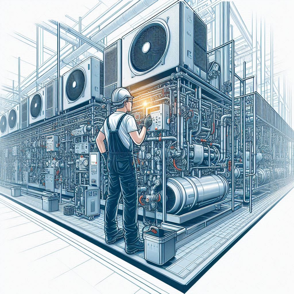 Technician performing maintenance on a large industrial chiller system in a modern, high-tech facility. The technician is wearing safety gear, including a hard hat, gloves, and safety glasses, and is using tools and diagnostic equipment. The image highlights the importance of regular chiller maintenance for optimal performance, showcasing the expertise and precision of Smart Technical Services.