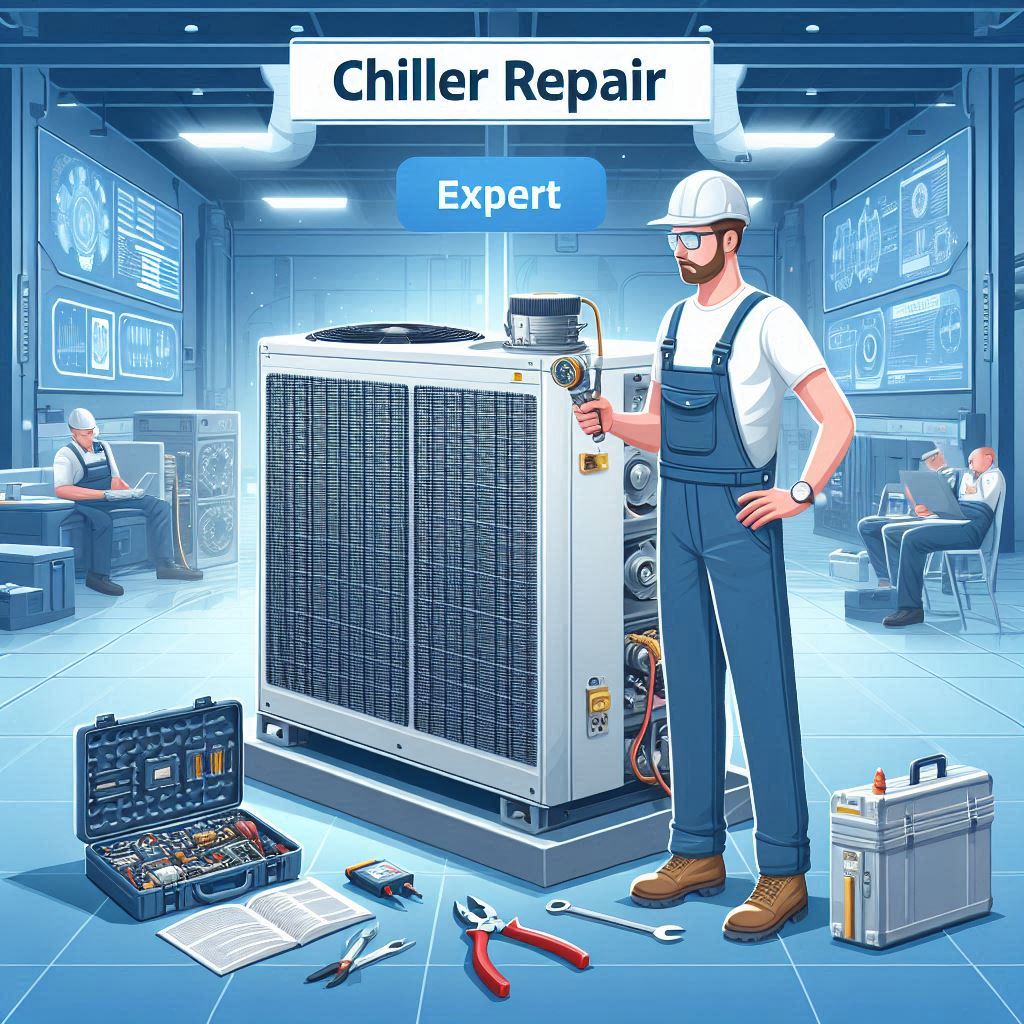 Technician performing chiller repair services in a commercial cooling system room. The technician, wearing a uniform and using specialized tools, is working on a chiller unit. The image highlights the efficiency and expertise involved in chiller repair. Text overlay reads ‘Expert Chiller Repair Services’ with the Smart Technical Services logo. This visual emphasizes professional and reliable chiller repair solutions.