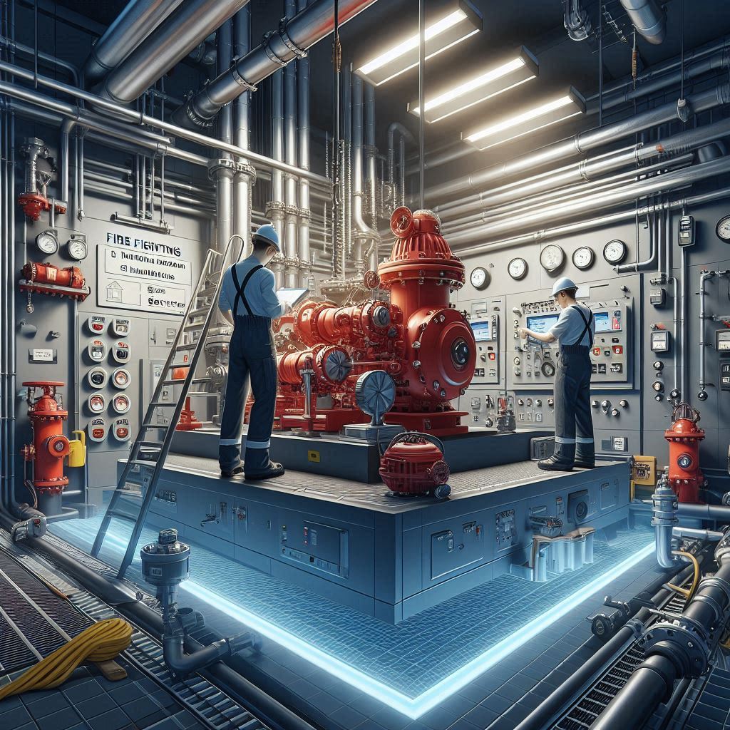 A professionally installed fire fighting pump room by Smart Technical Services, showcasing technicians in uniform configuring high-tech pumps and controllers. The room is well-lit and organized, with clear safety signage and equipment labels visible. Pipes, gauges, and control panels are prominently featured, highlighting the technical precision of the installation.