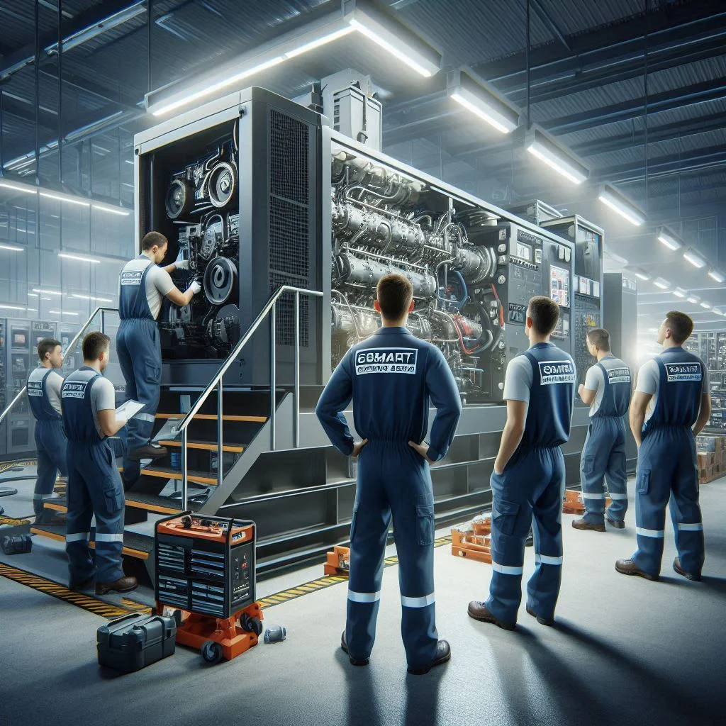 A team of professional generator contractors from Smart Technical Services is performing maintenance on a large generator in a well-lit industrial setting. The contractors are wearing branded uniforms with the company logo. They are using various tools and equipment typically associated with generator maintenance. The background features an organized workspace with shelves of spare parts and safety equipment, emphasizing a sense of expertise, professionalism, and efficiency.