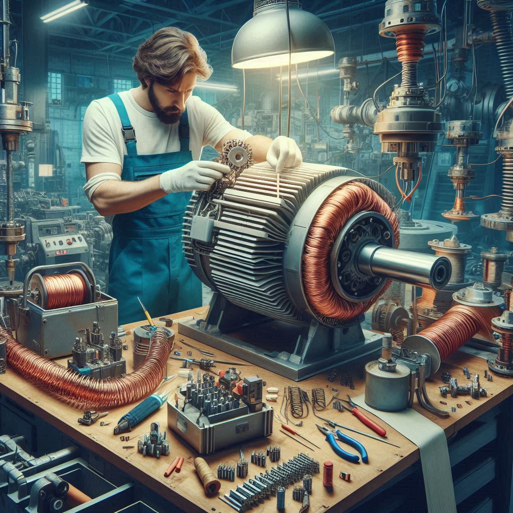 An expert technician meticulously inspects a disassembled industrial motor, surrounded by specialized tools and diagnostic equipment. Components such as copper coils and insulation materials are visible, highlighting the intricate process of motor rewinding. The workshop environment exudes professionalism with orderly workbenches and shelves stocked with spare parts, conveying reliability and technical proficiency in motor repair.