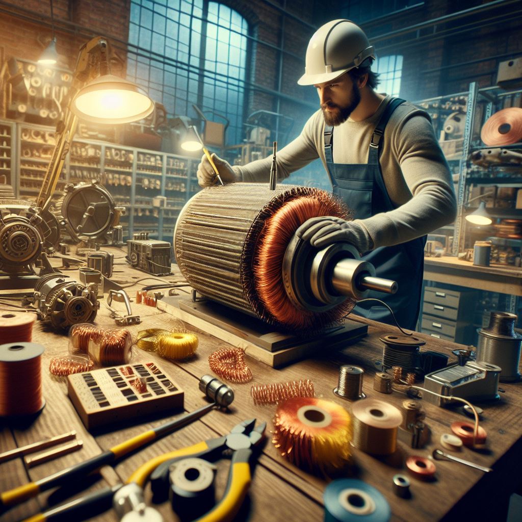 Expert motor winding technician performing precision rewinding on an electric motor to ensure optimal performance and reliability.