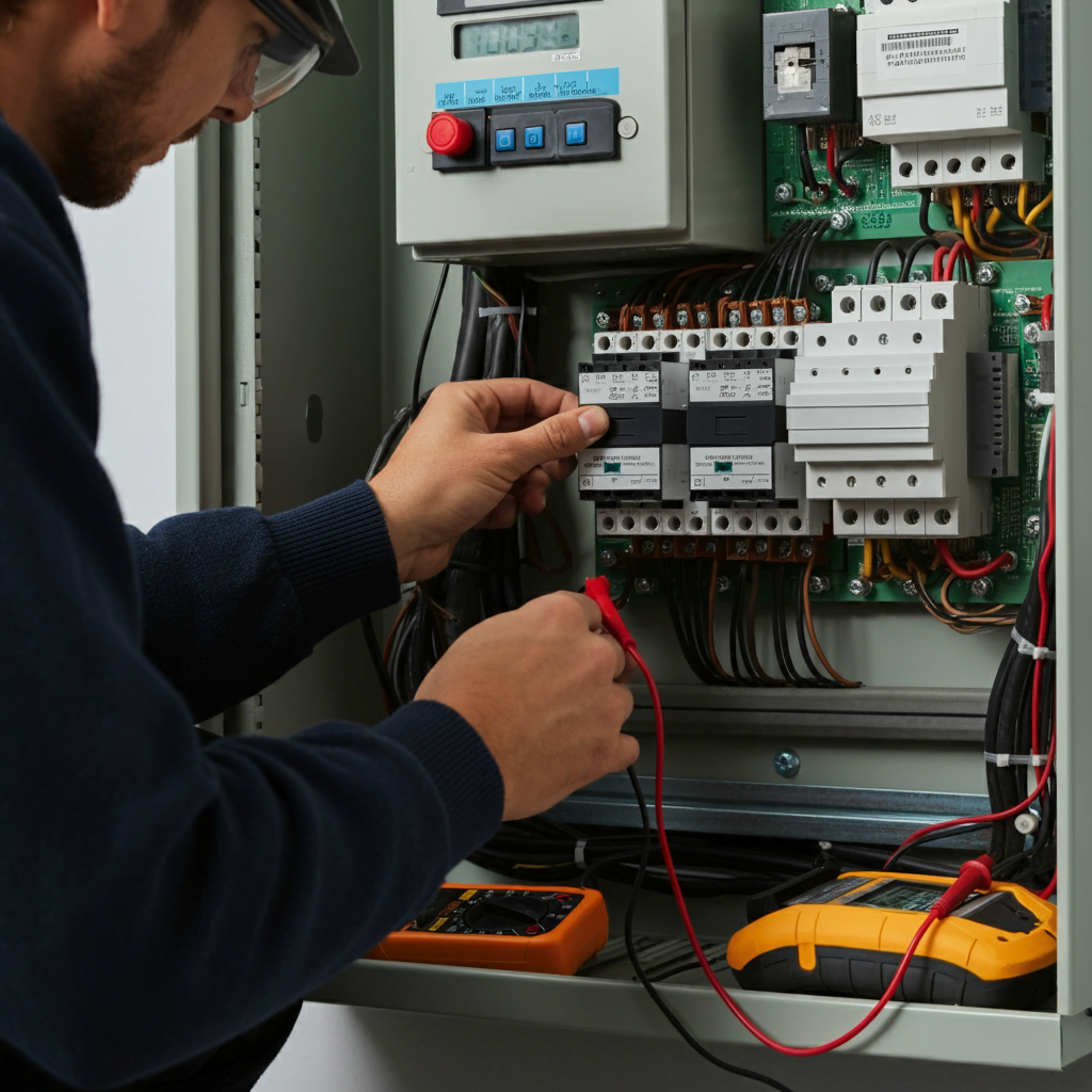 A professional electrician carefully inspects an automatic transfer switch for generator, ensuring its proper functioning and reliability.