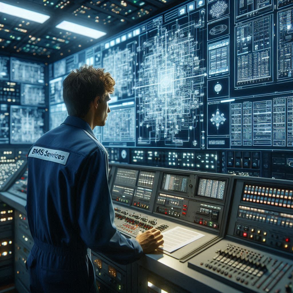 A BMS Electrical Engineer from Smart Technical Services working in a high-tech control room, surrounded by multiple monitors displaying data, wiring diagrams, and system controls. The engineer is focused on optimizing building management systems.