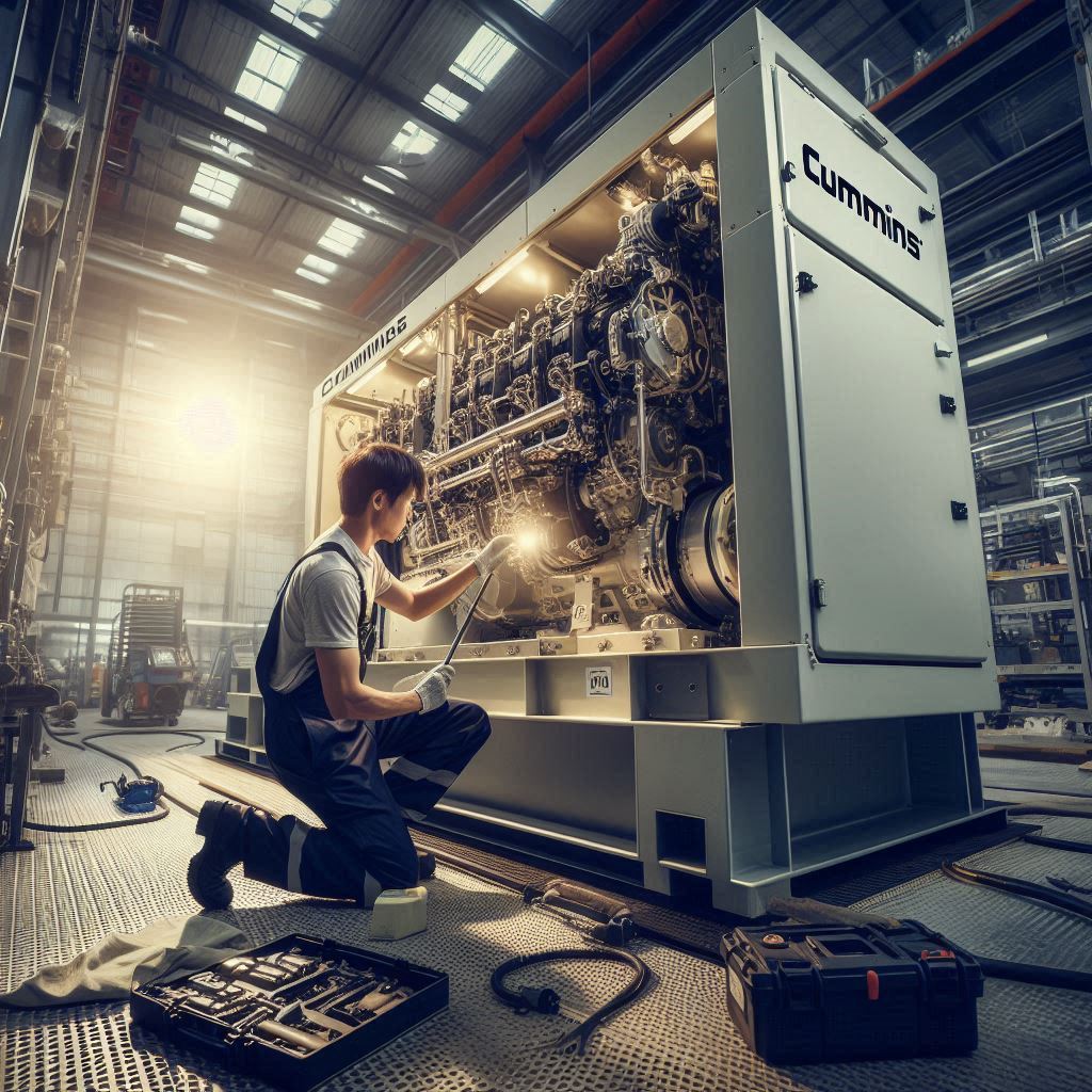 Technician performing expert Cummins generator repair in an industrial workshop, ensuring reliable maintenance and servicing of Cummins power systems.