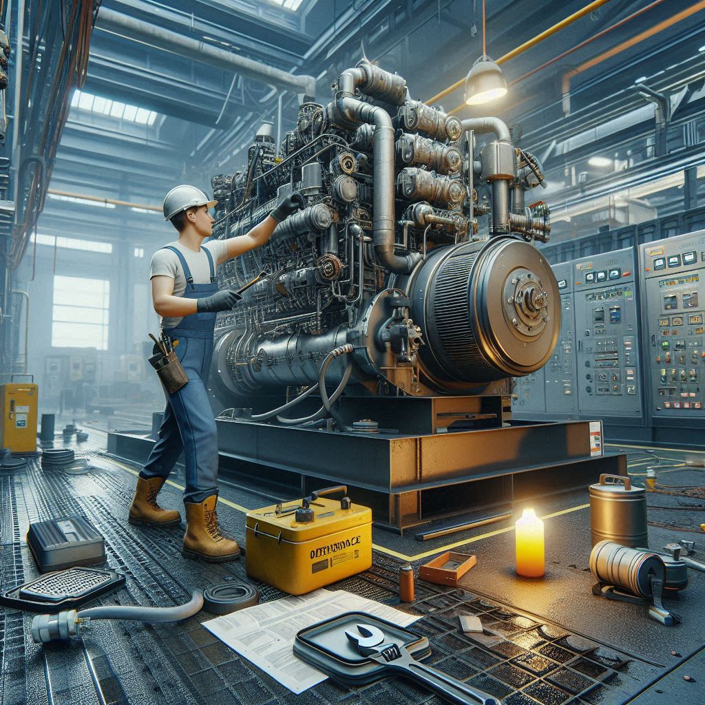 Technician performing diesel generator maintenance in an industrial setting, using tools and wearing safety gear, with industrial machinery and control panels in the background.