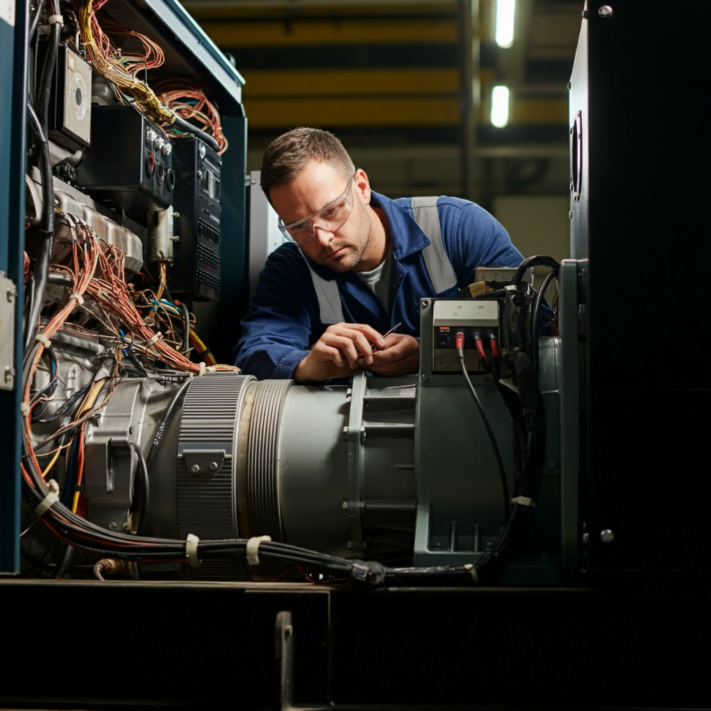 Expert generator electrical technician performing repairs on a generator electrical system.