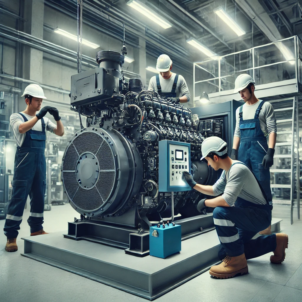 Professional technician from Smart Technical Services performing maintenance on a large industrial generator in a clean and organized workshop, surrounded by high-quality tools and equipment, emphasizing reliability and expertise.