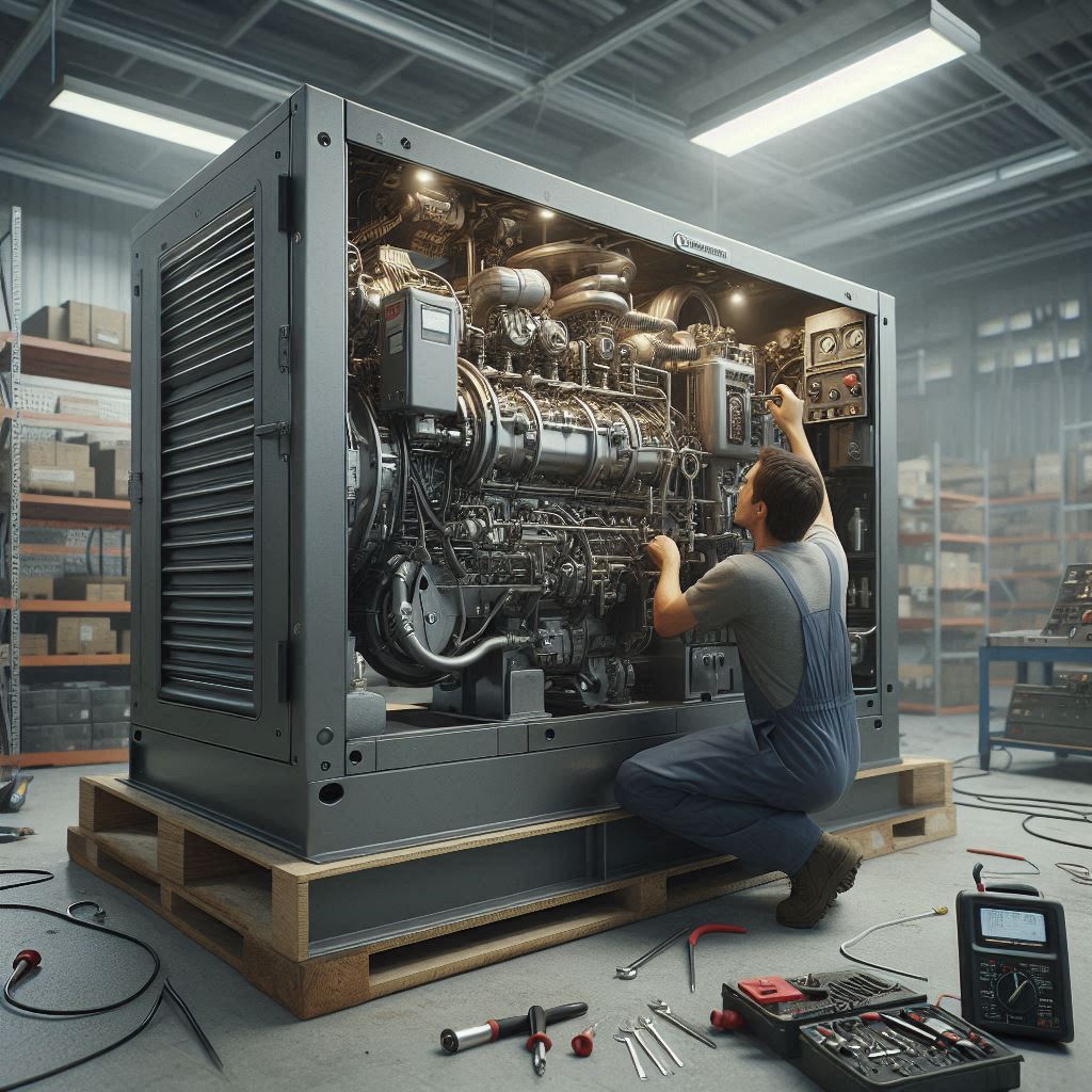 Technician performing diesel generator repairing in an industrial workshop. The image highlights the detailed work involved in repairing a large diesel generator, showcasing the open panel and internal components being serviced. This visual emphasizes the precision and expertise required for diesel generator repair, making it ideal for industries needing reliable power solutions.