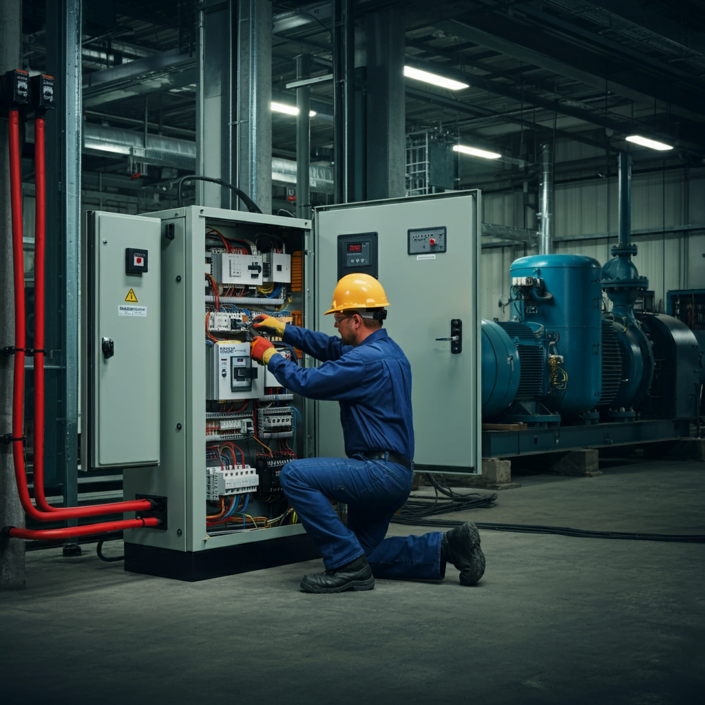 Technician performing expert repair, maintenance, and installation services on a backup generator transfer switch by smart technical services .