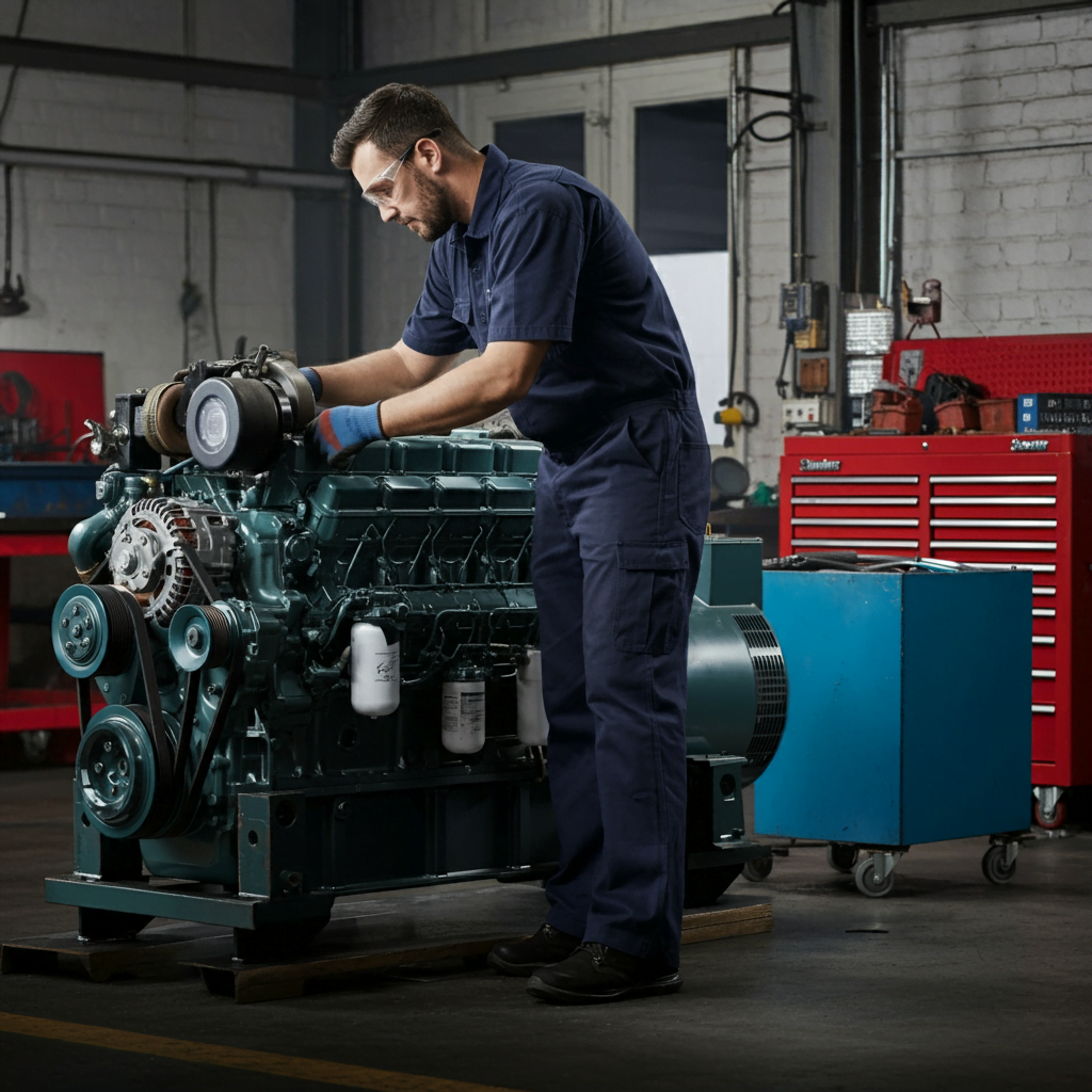 Diesel generator mechanic performing maintenance on a large commercial diesel generator to ensure reliable power supply and prevent downtime.