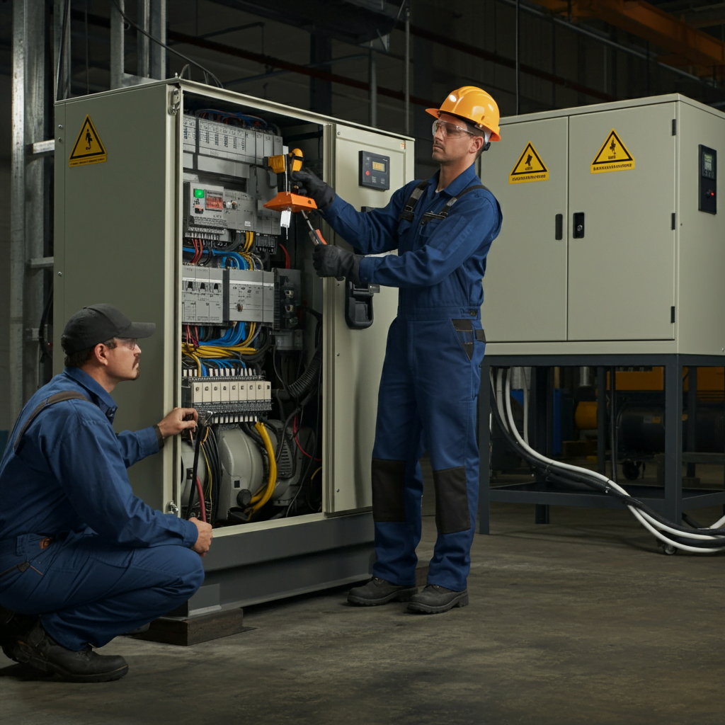 Technician performing expert emergency generator transfer switch repair, maintenance, and installation services in an industrial setting. The image highlights specialized tools and equipment, emphasizing precision, professionalism, and safety in handling electrical systems.