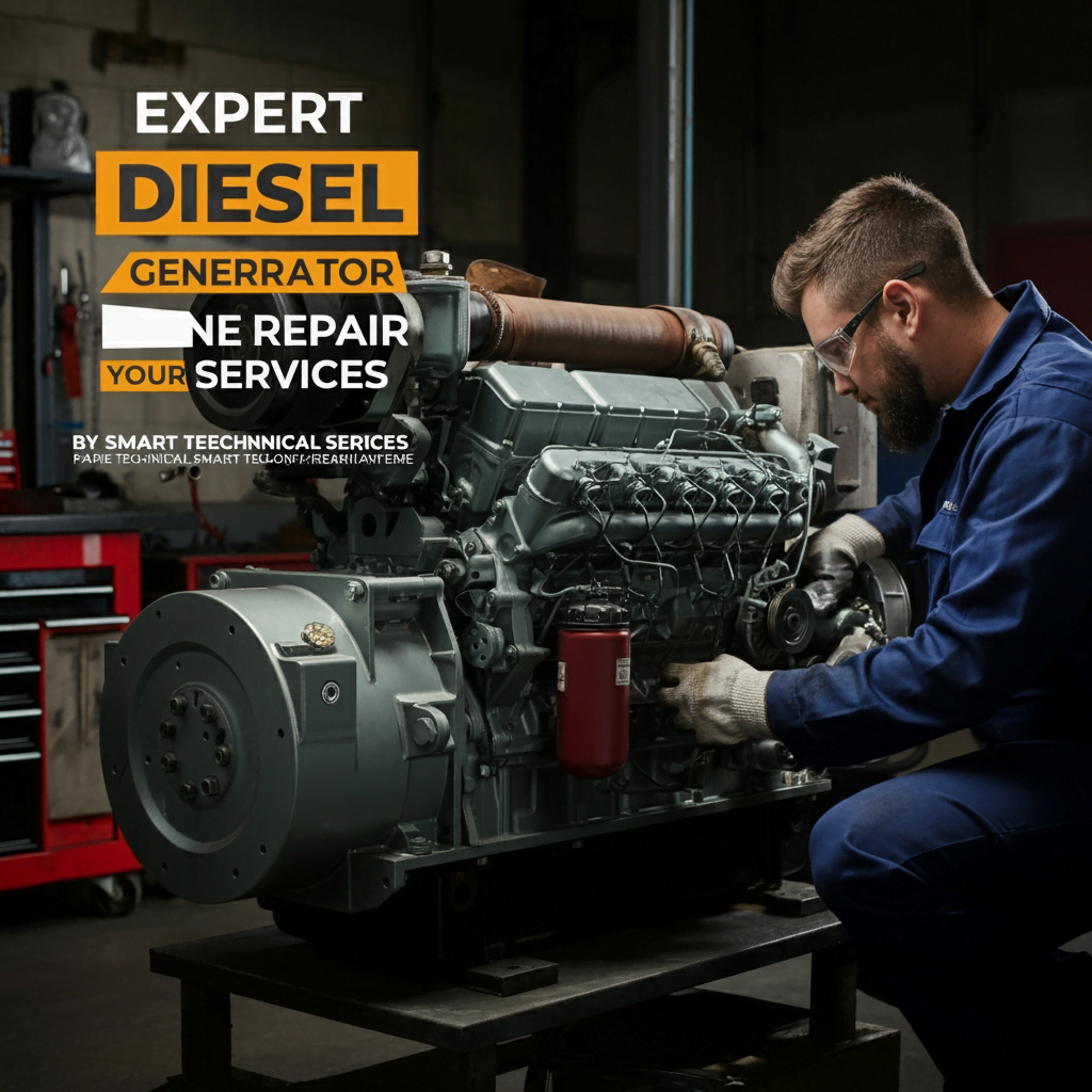 "Technician performing expert diesel generator engine repair at Smart Technical Services workshop, showcasing professional tools and a well-organized workspace.