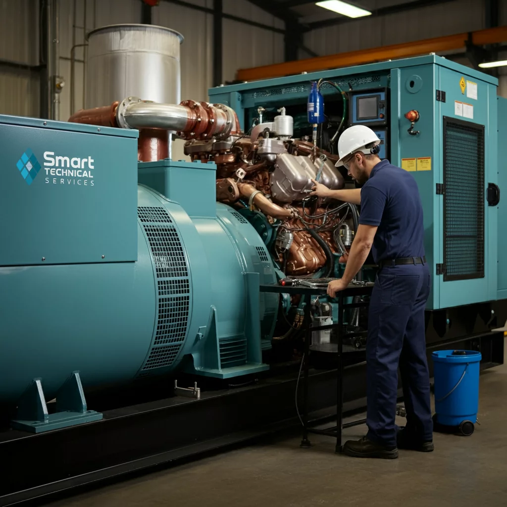 Smart Technical Services technician performing generator preventive maintenance on an industrial generator, ensuring optimal performance and reliability.